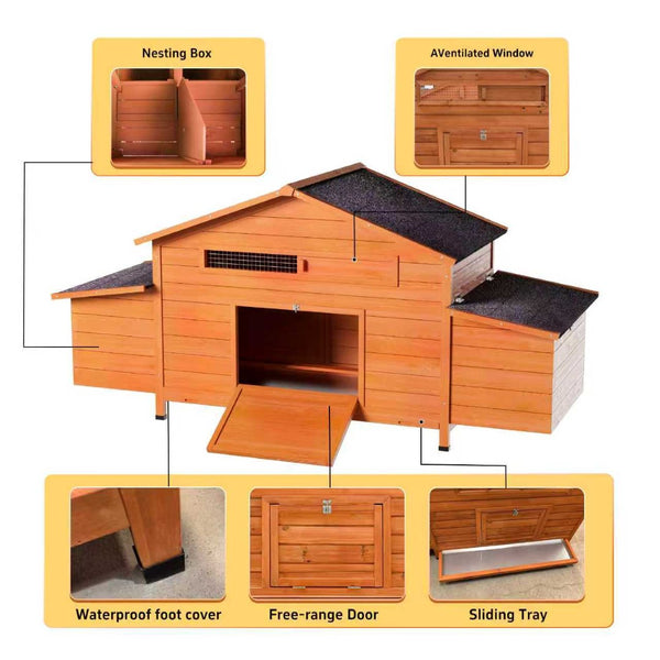 English Elm Large Wooden Backyard Chicken Coop with Dual Nesting Boxes and Leakproof Pullout Tray W3166P331246