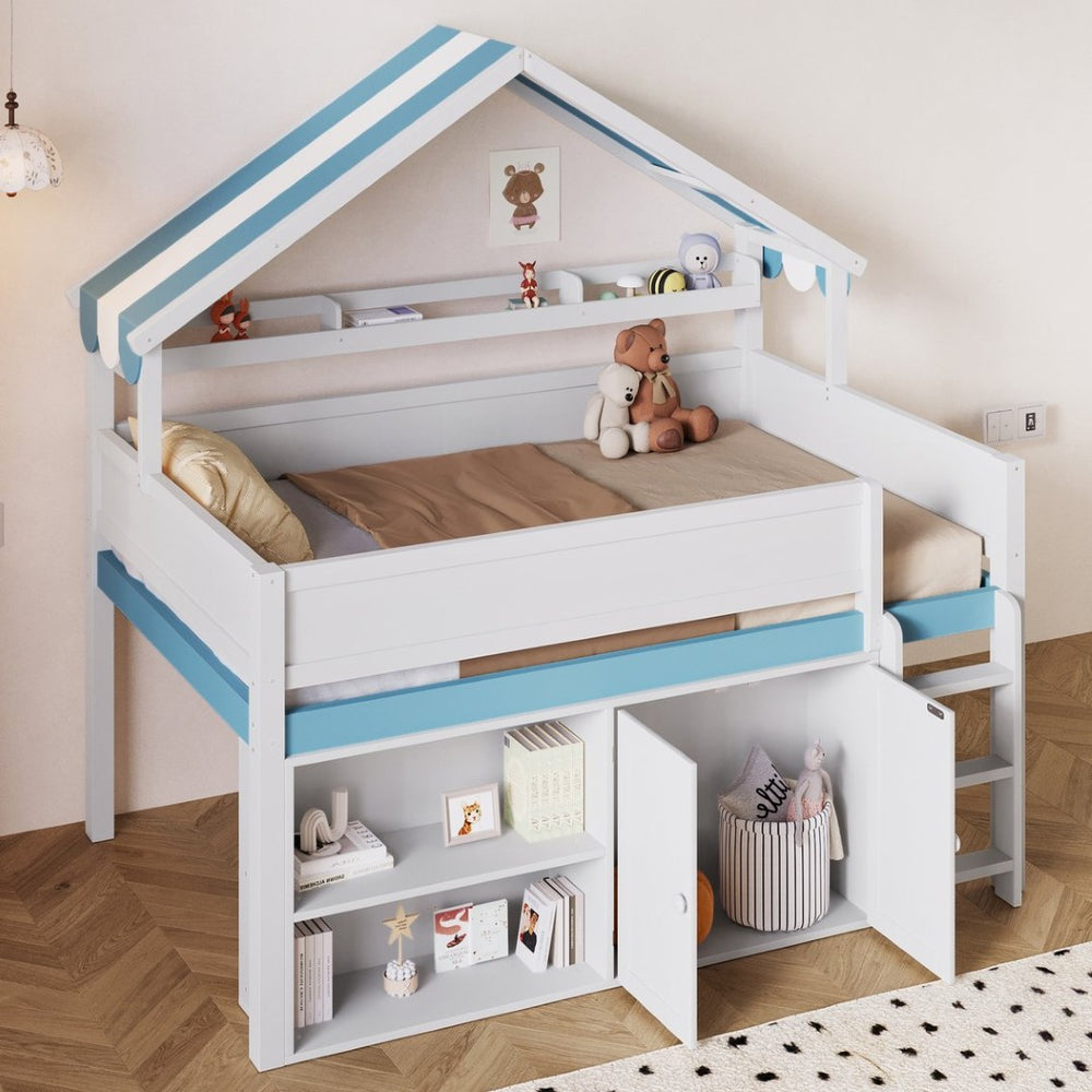 English Elm Full Size Pine Loft Bed with House Canopy Roof Built in Shelves and Storage Cabinet N7090005012C