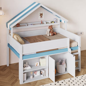 English Elm Full Size Pine Loft Bed with House Canopy Roof Built in Shelves and Storage Cabinet N7090005012C