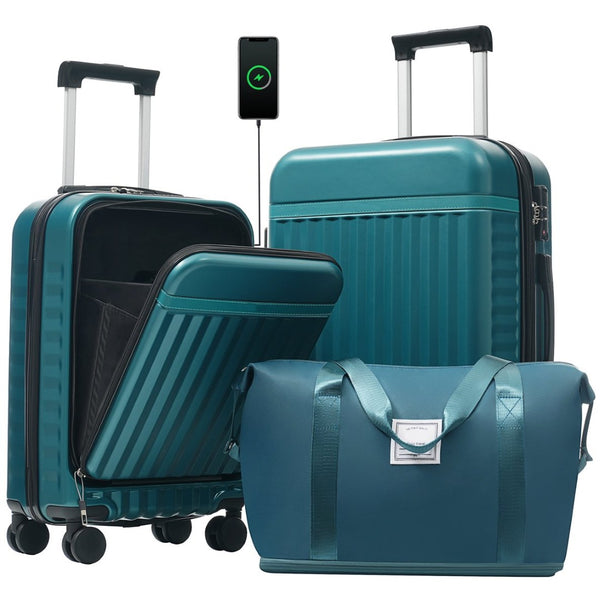 English Elm Front Access Hardside 3 Piece Travel Set with Usb Port Spinner Wheels and Tsa Lock Dark Green N732P326130F