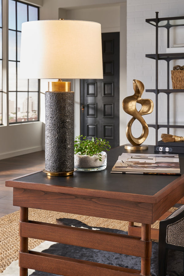 Wildwood Gavin Black Woven Ceramic Table Lamp With Antique Brass Mounting — Slim 32" Accent Light For Modern Rooms 22467