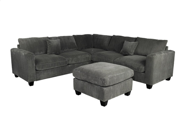 English Elm 4pc Corduroy Sectional Sofa Set with Ottoman Corner Wedge and Low-profile Modern Legs Dark Gray B011S02226