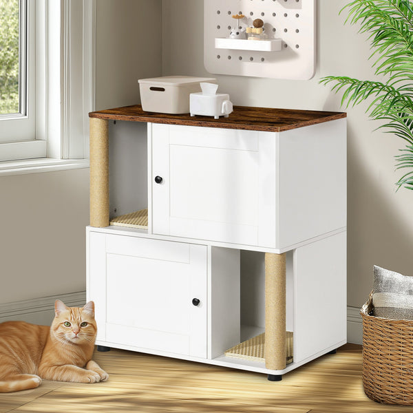 English Elm Double Cat Litter Enclosure Cabinet for Two Cats with Scratching Post, Dual Tray Storage, White Vintage W1687P221394