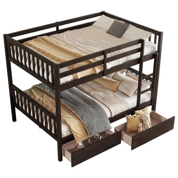 English Elm Full Full Over Full Rubber Wood Bunk Bed With 2 Storage Drawers, Convertible Into 2 Separate Beds, Espresso W504S00196