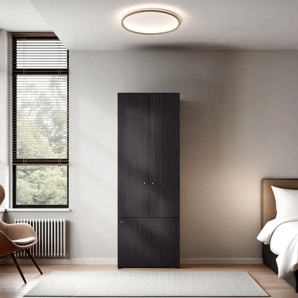English Elm Wenge Tall 3-Door Wardrobe Cabinet with 4 Shelves — Elegant Dark Wood Grain Storage for Bedrooms B062P373775