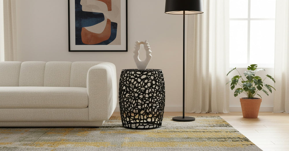 Meridian Furniture Priya Woven Lattice Aluminum End Table Sculptural Matte Accent for Modern Living 224Black-E