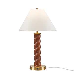 English Elm 1- Piece Faux Wood Resin Table Lamp Fluted Shade Usb-c Port for Bedroom Desk B035P482923