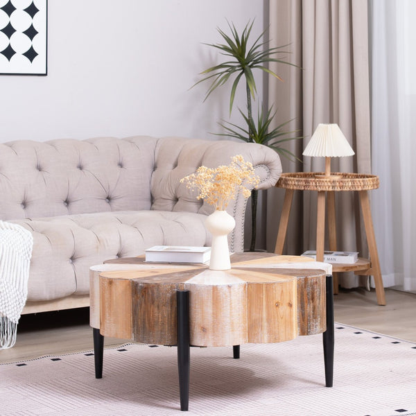 English Elm Rustic Flower Shaped Wood Coffee Table with Metal Legs Distressed Finish Living Room W2729P353716