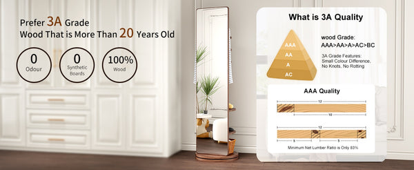 English Elm 360° Swivel Full Length Mirror with Coat Hooks Solid Rubberwood Frame Bedroom Entryway W2987P225479