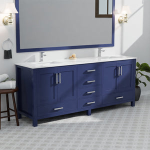English Elm Navy Double Bath Vanity 84"W x 22"D with White Quartz Top, Soft-Close Drawers & Two Mirrors B2731S00853