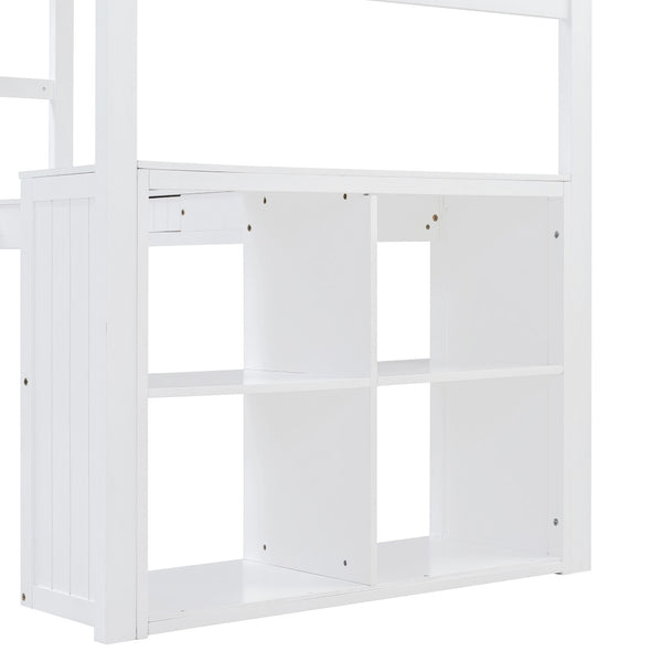 English Elm Twin Loft Bed with Desk Drawers Cabinet Shelves Solid Pine Wood White Finish LT0001505AAK-1