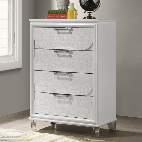 English Elm Contemporary Glam Acrylic-Handled 6-Drawer Dresser with Embossed Panels, Felt-Lined Jewelry Drawer White 34 L x 20 W x 44 H B2741P353134