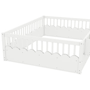 English Elm Queen Low Profile Kids Floor Bed with Guardrails Bookshelf and Pine Wood Frame White W1580P373142