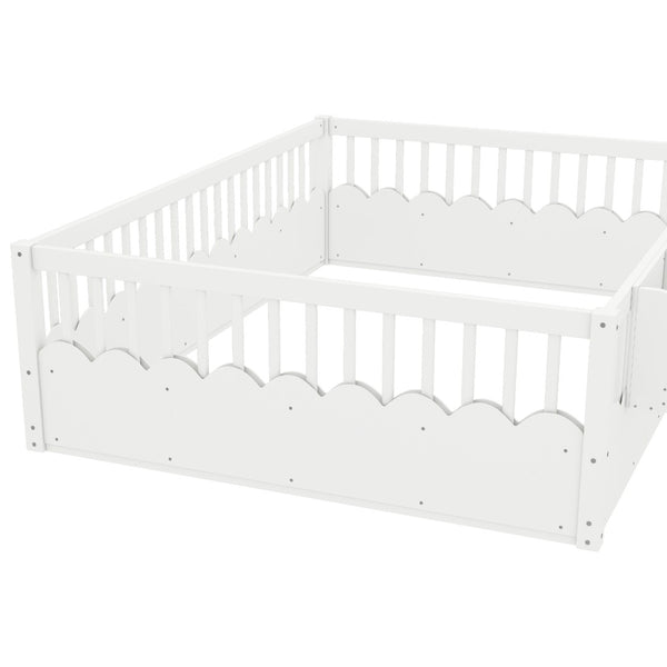 English Elm Queen Low Profile Kids Floor Bed with Guardrails Bookshelf and Pine Wood Frame White W1580P373142