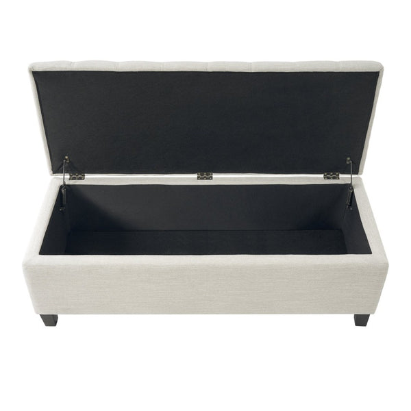 English Elm Upholstered Boucle Storage Bench Flip Top Lid Rubberwood Legs Bedroom Entryway Seating Beige N779P395018B