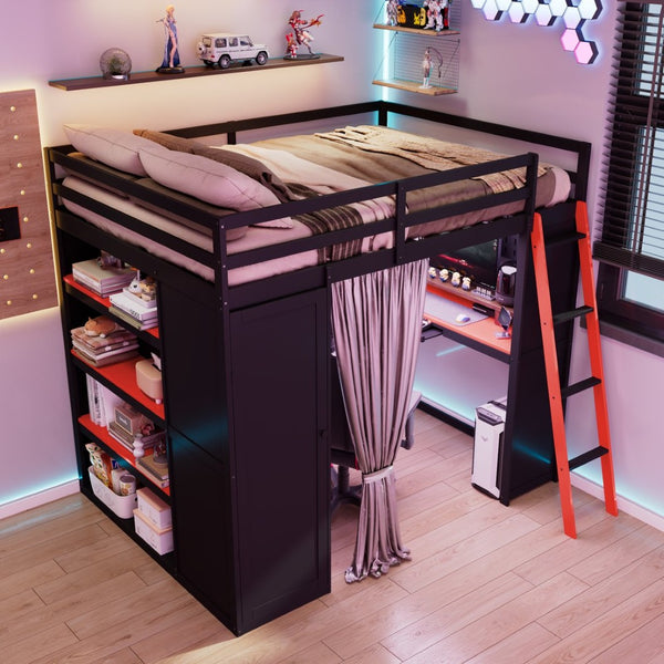 English Elm Full Size Wood Loft Bed with Wardrobe Desk Shelves Rgb Lighting and Blackout Curtains Black+Red LT000269AAJ-1
