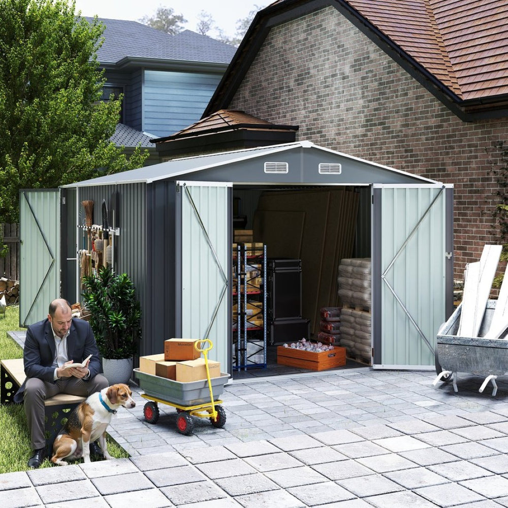 English Elm Campcraft Metal Storage Shed 10x14 Ft with Lockable Doors Vented Sloped Roof Backyard W1598S00035