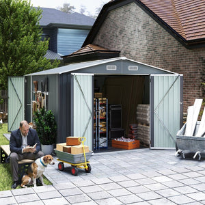 English Elm Campcraft Metal Storage Shed 10x14 Ft with Lockable Doors Vented Sloped Roof Backyard W1598S00035
