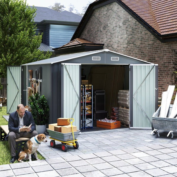 English Elm Campcraft Metal Storage Shed 10x14 Ft with Lockable Doors Vented Sloped Roof Backyard W1598S00035
