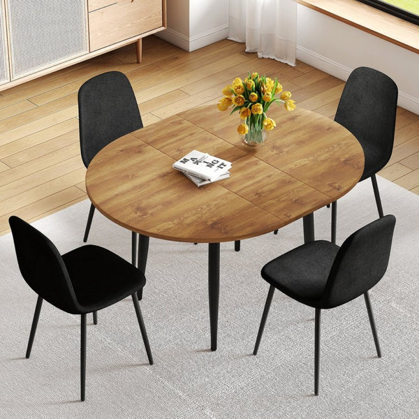 English Elm Table Modern Extendable Dining Set With 4 Black Linen-Cotton Chairs For Stylish Gatherings & Comfort W1151S04141-GIGA