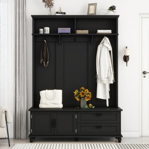 English Elm Modern Style Hall Tree With Storage Cabinet and 2 Large Drawers, Widen Mudroom Bench With 5 Coat Hooks, Black