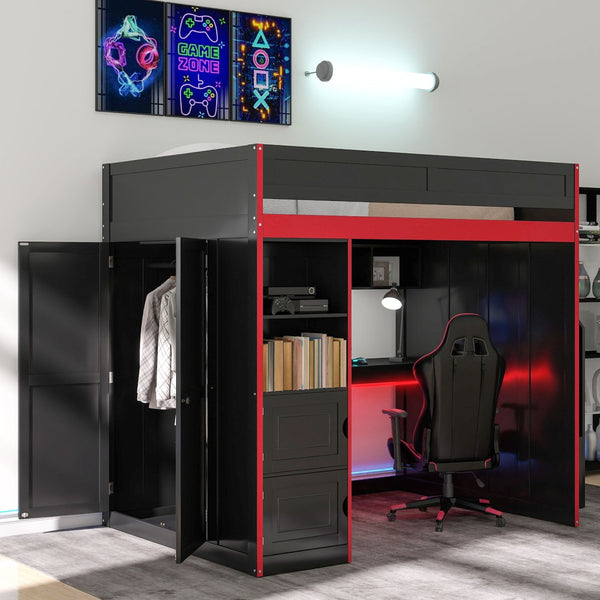 English Elm Gaming Twin Loft Bed with Led Desk Storage Locker and Bold Black Red Finish N709P004102J
