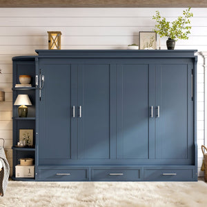 English Elm Queen Murphy Wall Bed with Side Cabinets Open Shelving and Drawers for Studio Rooms Blue W1580S00453