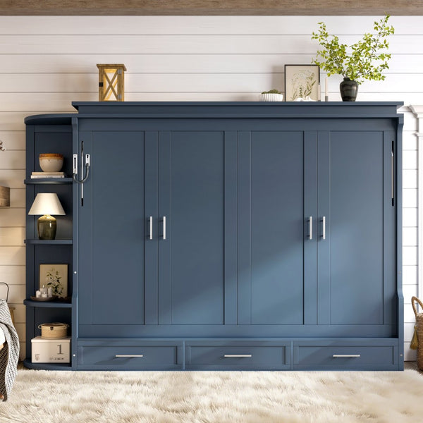 English Elm Queen Murphy Wall Bed with Side Cabinets Open Shelving and Drawers for Studio Rooms Blue W1580S00453