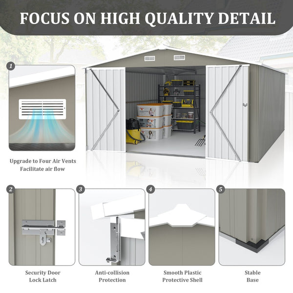 English Elm Campcraft Metal Storage Shed 10x14 Ft with Lockable Doors Vented Sloped Roof Backyard Light Gray W1598S00050