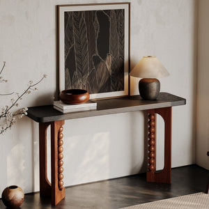 English Elm 59'' Farmhouse Wood Console Table Sculptural Beaded Base Sofa Entryway Accent W2263P426704