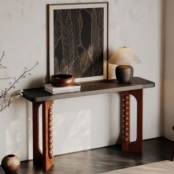 English Elm 59'' Farmhouse Wood Console Table Sculptural Beaded Base Sofa Entryway Accent W2263P426704