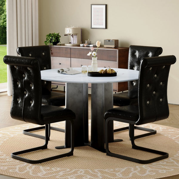 English Elm Modern Round Faux Marble Dining Set with Tufted Pvc Chairs for Compact Spaces W3875S00072