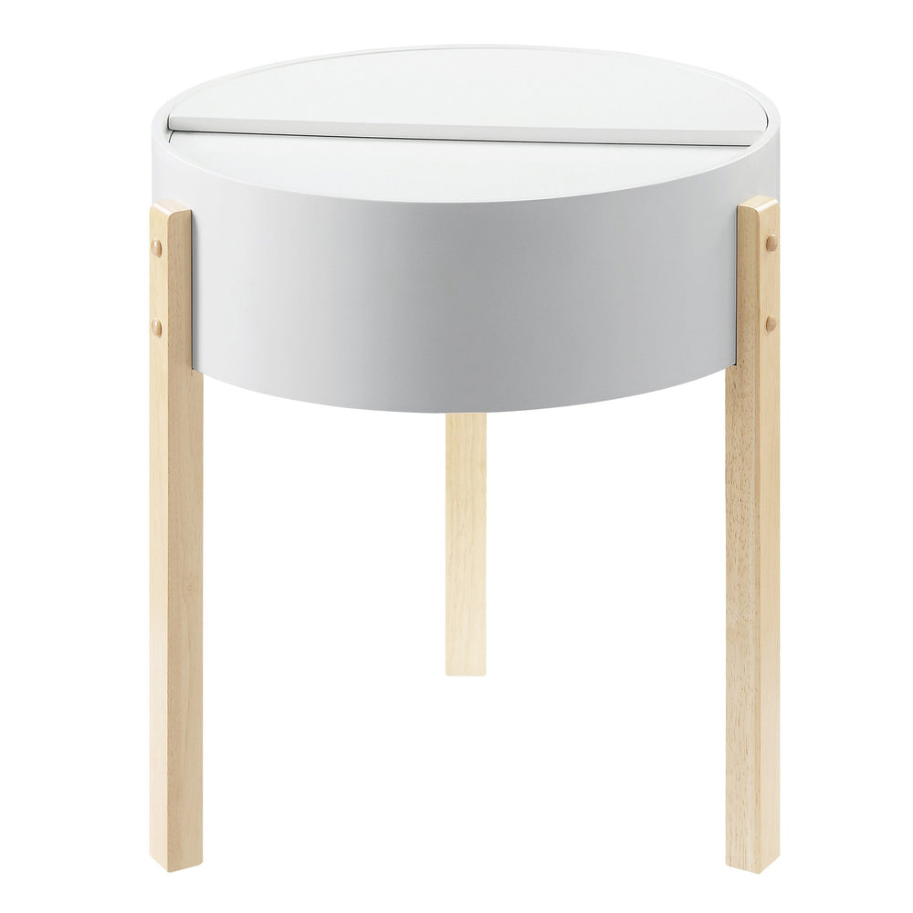 English Elm White Round End Table with Hidden Storage Shelf, White and Natural Wood Top for Cozy Living Rooms B062P185697
