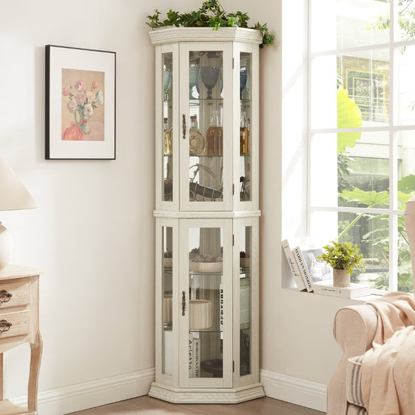 English Elm Lighted Corner Curio Cabinet with Led Glow Tempered Glass Shelves and Mirrored Back W2275P292641