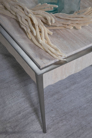 Lexington Artistica Home Everest Contemporary Cocktail Table With White Travertine Top & Silver Leaf X-stretcher Base Silver Leaf Wood 2250-945