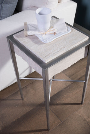 Lexington Artistica Home Everest Square Spot Table - Contemporary White Travertine Top With Silver Leaf Base & Unique Design Silver Leaf Wood 2250-950