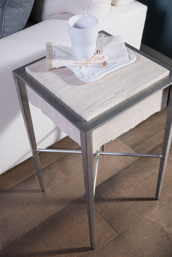 Lexington Artistica Home Everest Square Spot Table - Contemporary White Travertine Top With Silver Leaf Base & Unique Design Silver Leaf Wood 2250-950