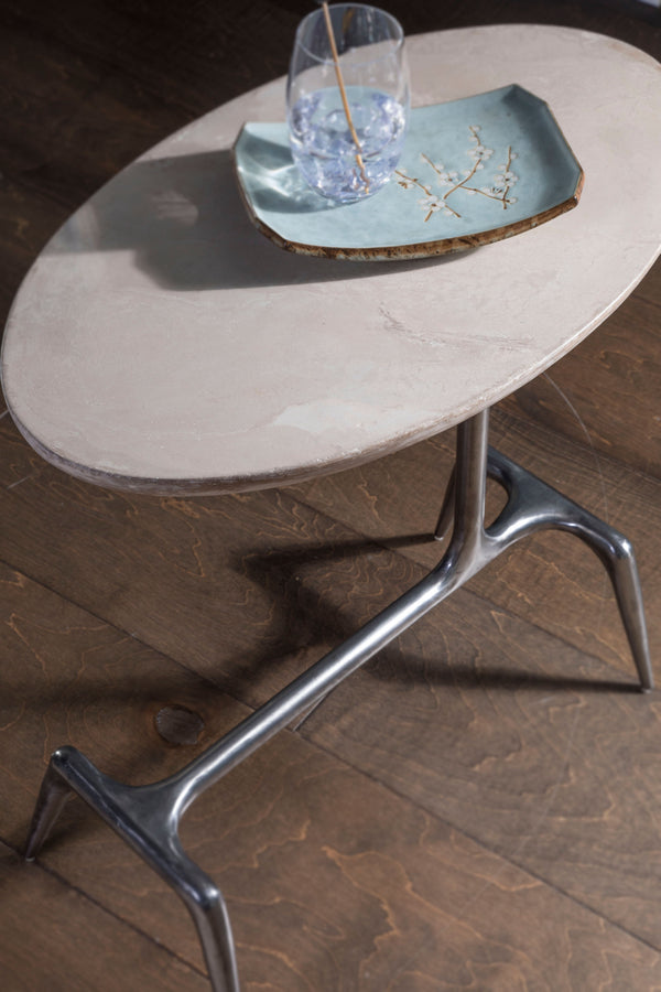 Lexington Artistica Home Wilder Oval Spot Table - Hand Forged Iron Base With Unique Desert Scagliola Stone Top For Elegance Natural Iron Wood 2251-950
