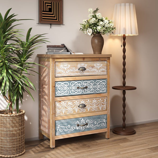 English Elm Vintage Bohemian Four Drawer Chest Distressed Solid Wood Floral Scroll Bedroom Storage W2295P414113