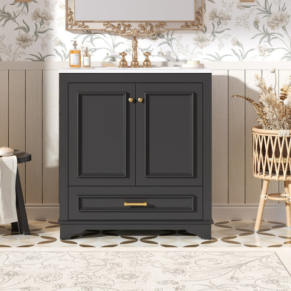 English Elm 30" Elegant Bathroom Vanity with Ceramic Sink, French-Inspired Compact Cabinet with Drawer & Shelf Black N710P317676B
