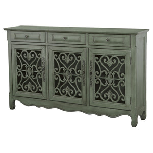 English Elm Naomi Distressed Green Cottage Buffet with Scrollwork Doors and Bronze Hardware B062P447800
