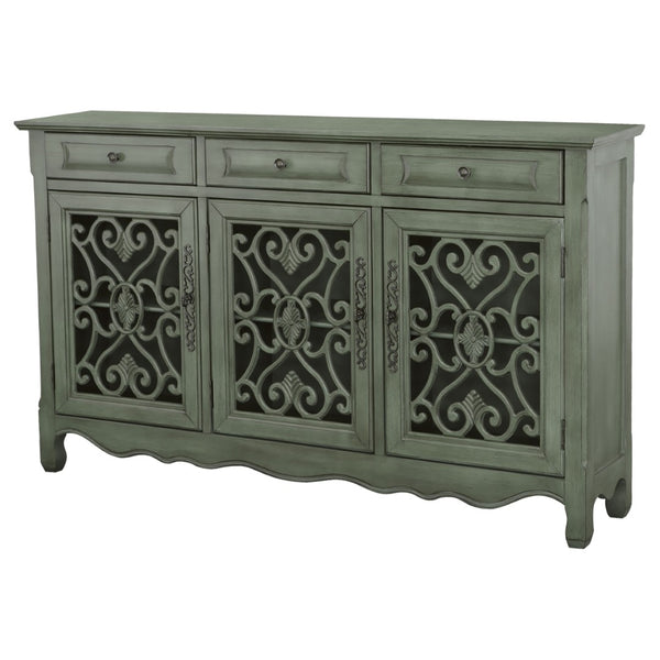 English Elm Naomi Distressed Green Cottage Buffet with Scrollwork Doors and Bronze Hardware B062P447800