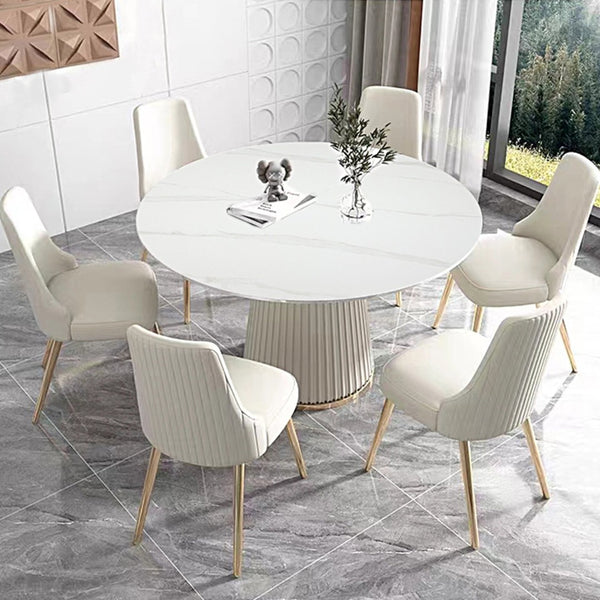 English Elm 53 Inch Round Sintered Stone Dining Table Set Six Chairs Stainless Pedestal Base W509S00174