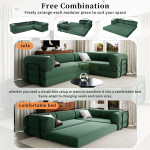 English Elm U_style Modular Corduroy Sectional Sofa Converts to Guest Bed for Apartment Living Green WY000463AAC