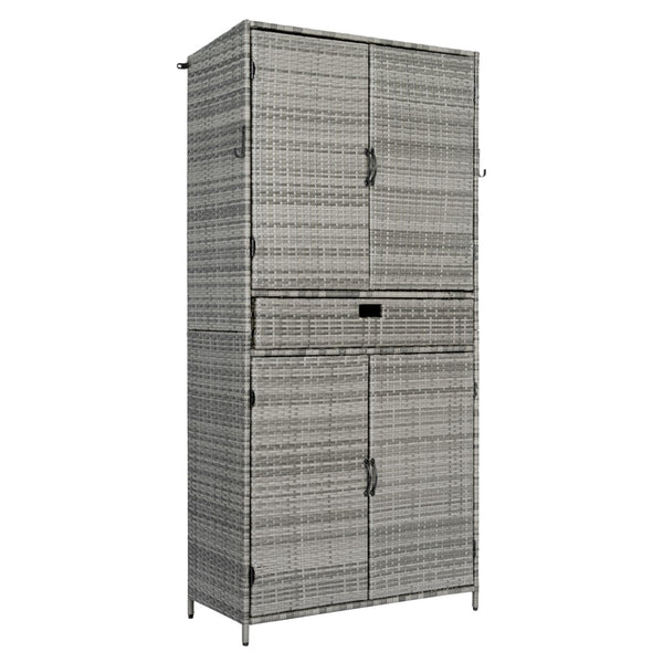 English Elm K&k Tall Arched Pe Rattan Outdoor Storage Cabinet with Adjustable Shelves and Steel Frame Grey N707P420102G