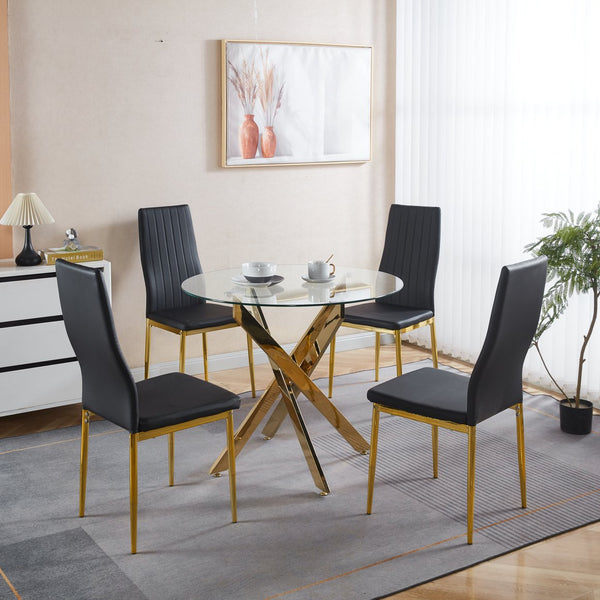English Elm 1+4,5Pieces Mid-Century Dining Set - Sleek Glass Table & Chairs, Stylish Black & Gold Finish For 4-6 W234S00124