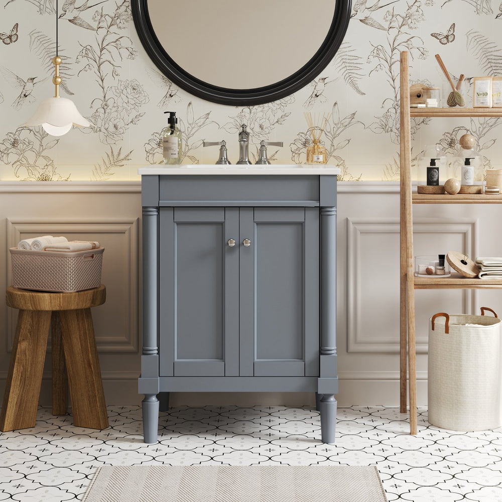 English Elm 24'' Modern Bathroom Vanity with Ceramic Basin, Solid Wood Frame, Soft-Close Doors, Ample Storage Grey N710P190503E