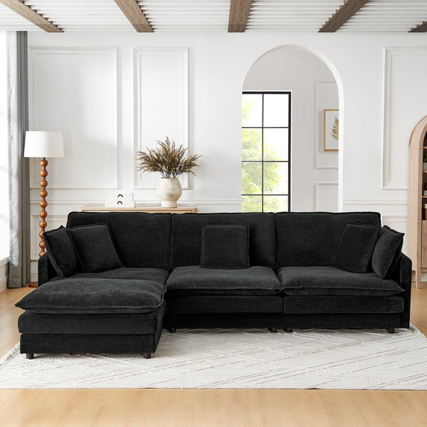 English Elm Modern Sectional Convertible Sofa with Ottoman, Oversized L-Shaped 4-Seater Towel Fabric Comfort Black W1413S00080