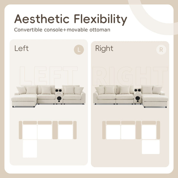 English Elm 114*64'' Corduroy Cloud Sectional with Bluetooth Speakers Usb Charging Ottoman Lounge Sofa N723S9756A