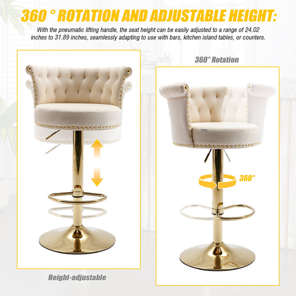 English Elm UNITED Velvet 360° Rotating Bar Chair with Diamond Stitching, Gold Frame, Plush Foam Seat, Adjustable Height Beige W1568P361715